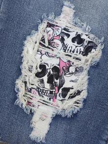 Plus Size Women Skull Print Distressed Denim Jeans - Blue - View 5