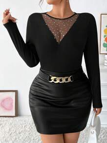 Celure Áo thun lưới tương phản cỡ lớn cho nữ - màu đen - Xem 1