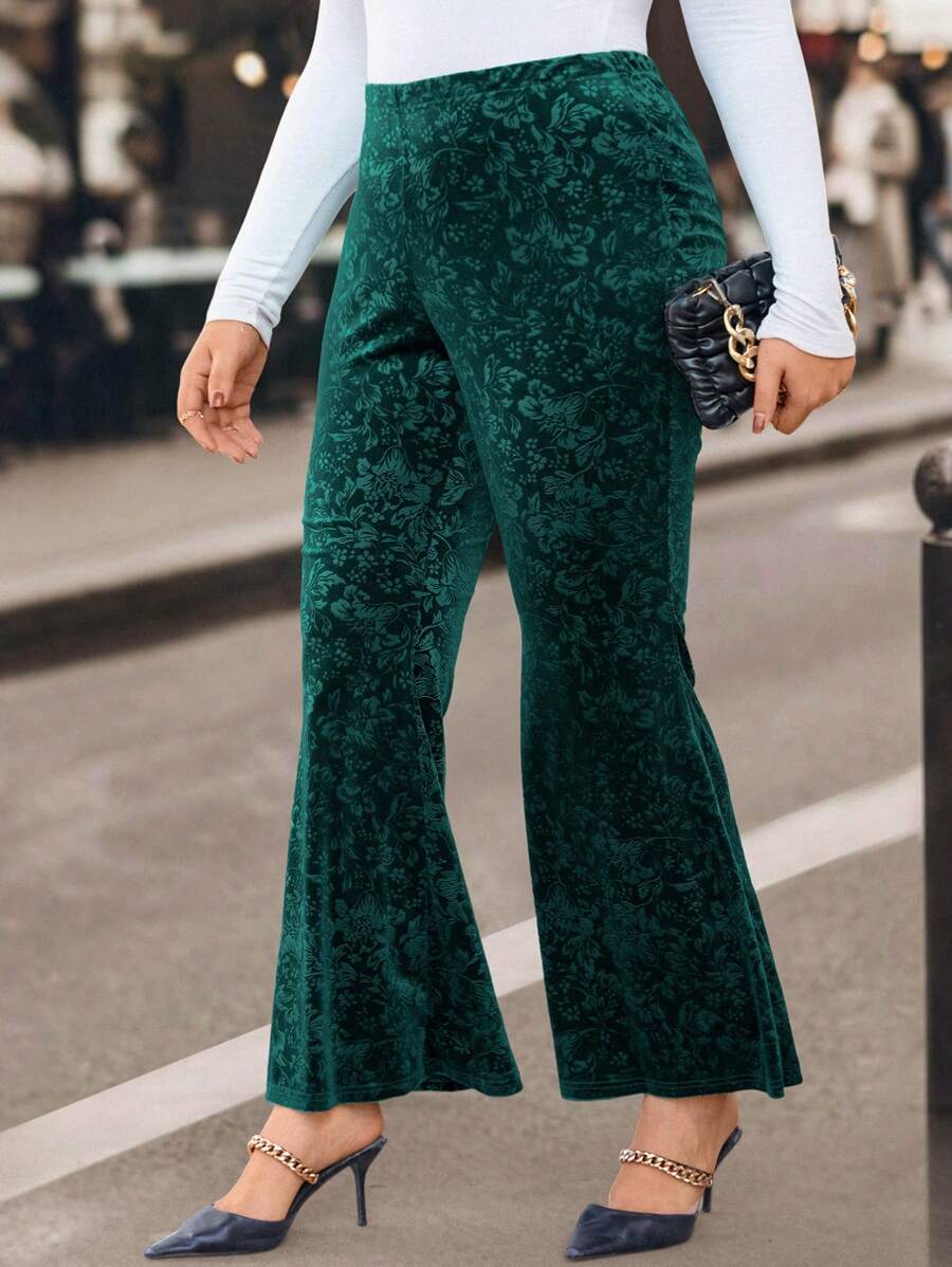 Calvaya Plus Size Jacquard Flare Pants (belt Not Included) - Army Green - View 1