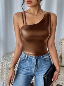 SHEIN Essnce Women's Asymmetrical Shoulder Shiny Top - Brown - View 1