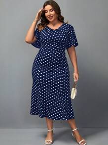 SHEIN Clasi 大碼波點印花蝴蝶袖洋裝 - 藏蓝色 - 查看 4