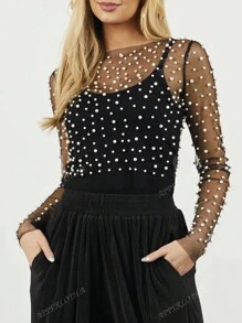 Apperloth A Elegant Pearls Beaded Mesh Sheer Cover Up Top Without Cami Top Sexy Music Festival