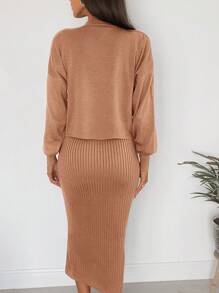 SHEIN Cottnline Mock Neck Drop Shoulder Sweater & Knit Dress - Camel - View 2