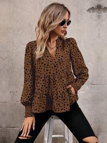 SHEIN Privé Women's Polka Dot Printed Peter Pan Collar Shirt With Notched Neckline - Coffee Brown - View 5