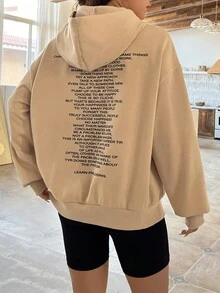 SHEIN EZwear 女款後背字母印花下垂肩連帽衫 - 卡其色 - 查看 4