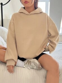 SHEIN EZwear 女款後背字母印花下垂肩連帽衫 - 卡其色 - 查看 7