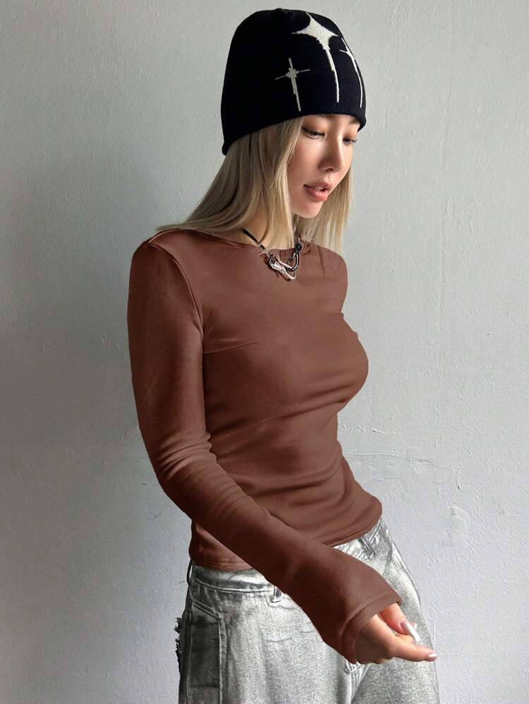 Women's Solid Color Thermal Lined T-Shirt Long Sleeve Women Tops, Thermal Lined