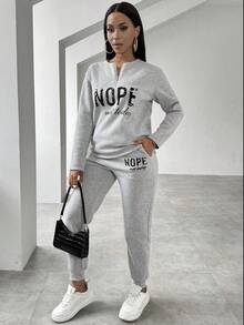 SHEIN Clasi 女式字母印花短開叉領毛衣和運動長褲套裝 - 淺灰色 - 查看 3