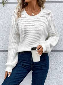 SHEIN Frenchy Women'S White Sweater With Dragon Design, Drop Shoulder Loose Hollow Out Knit Top - White - View 3