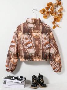 SHEIN Teen Girl Dollar Print Drop Shoulder Padded Coat - Multicolor - View 2