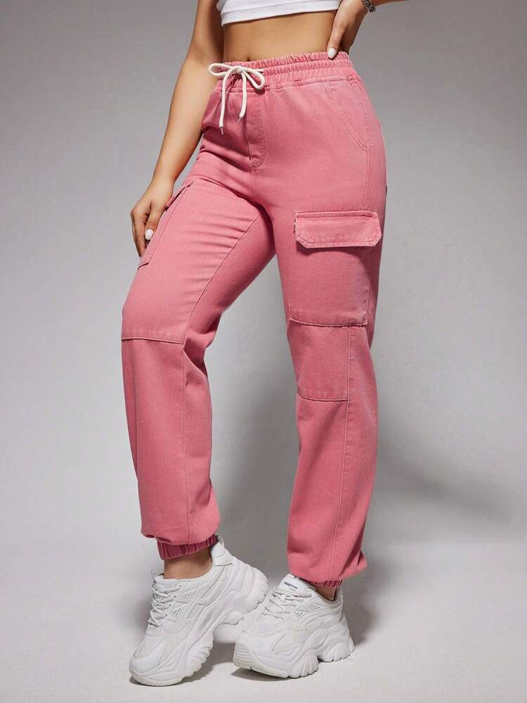 Drawstring Waist Cargo Style Denim Jeans
