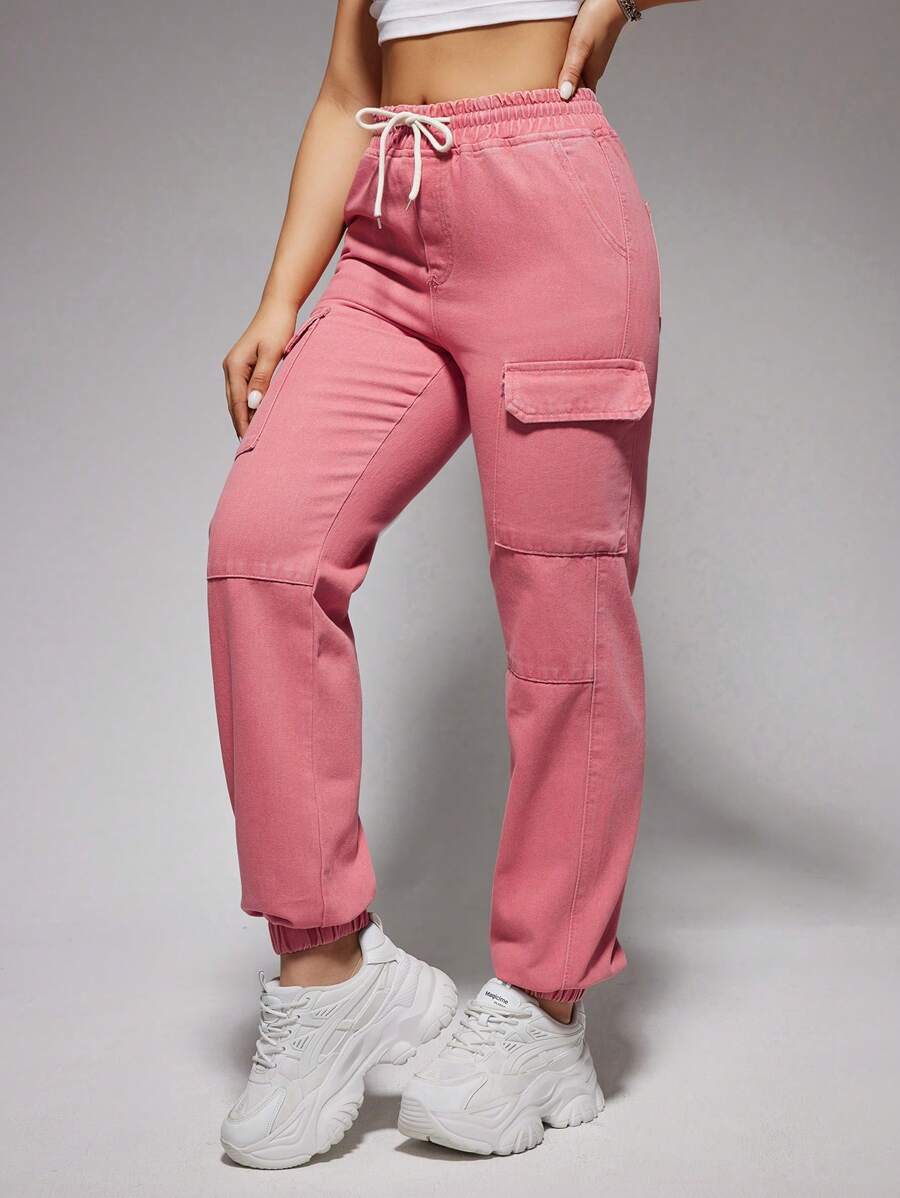 SHEIN EZwear 束口腰帶貨物風格牛仔褲 - 藕粉色 - 查看 1