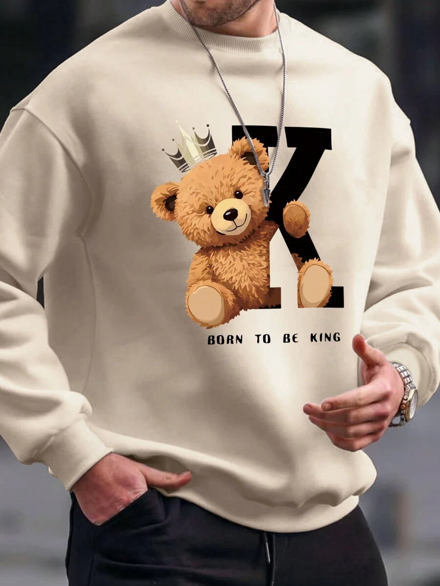 Manfinity Dauomo Men's Crown Bear Printed Round Neck Sweatshirt - Khaki - View 1