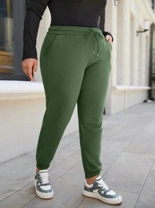 RueChic Plus Drawstring Waist Slant Pocket Sweatpants - Green - View 3