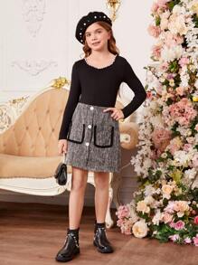 SHEIN Tween Girls' Knitted Beaded Round Neck Elegant T-Shirt