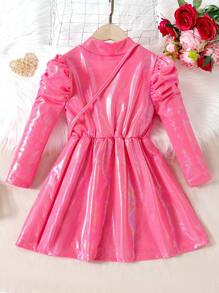 SHEIN 幼童女孩秋季高領羊肉袖連身裙和手提包 - 粉色 - 查看 2