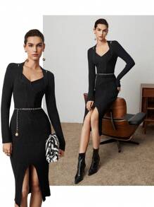 BizChic Women's High Slit Sweater Dress (belt Not Included) - Black - View 1