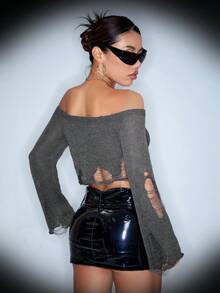 SHEIN ICON 女復古露肩毛衣,磨損底部和破爛細節 - 灰色 - 查看 8