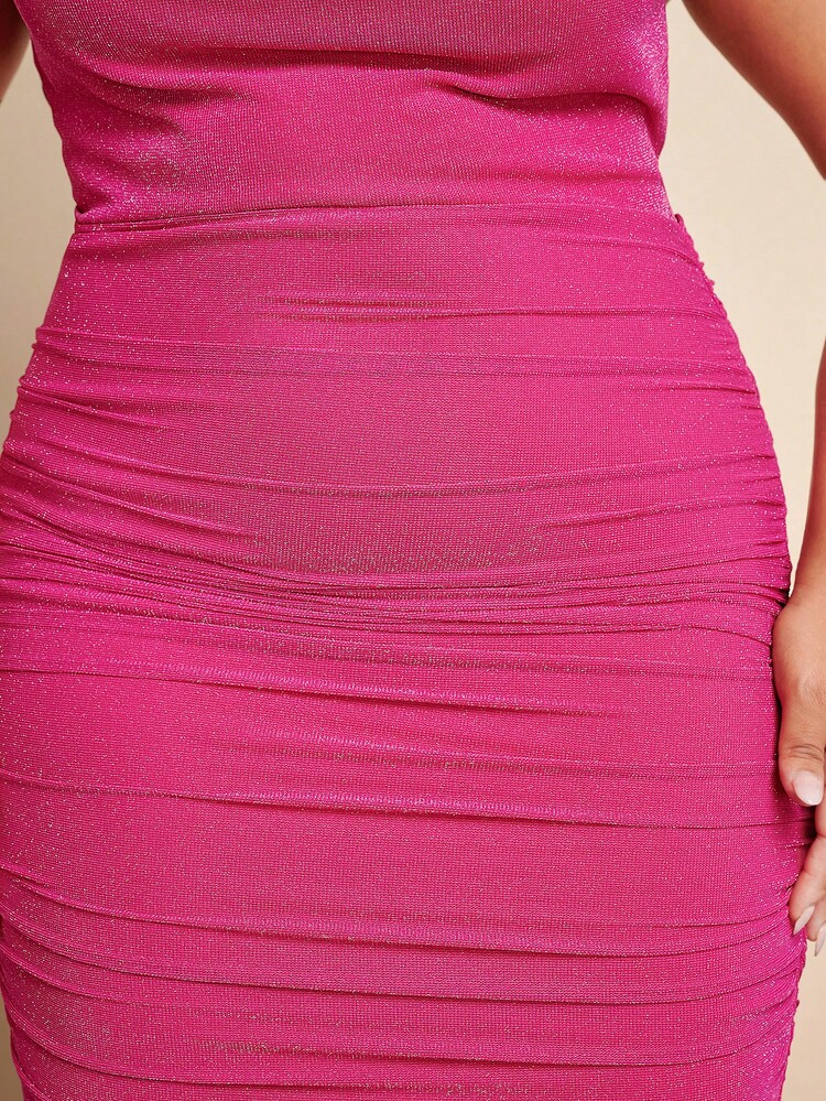 Hot Pink,Summer,Girlism,Night Out Club Sequined Long Dress,Plunging Neckline,Open Back,Chain Straps,Ruched Fit,Slit Hem, Look For Party&Christmas