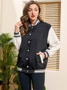 SHEIN EZwear 女式拼色棒球夾克 - 黑與白 - 查看 5