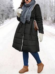 SHEIN LUNE Plus Slant Pocket Hooded Belted Padded Padded Coat Clothes Winter - Black - View 6