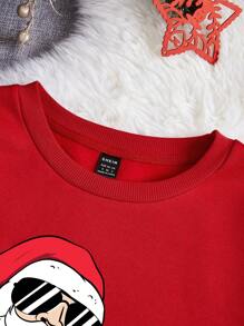 SHEIN EZwear Loose Fit Women's Christmas Print Drop Shoulder Fleece Sweatshirt - Red - View 6