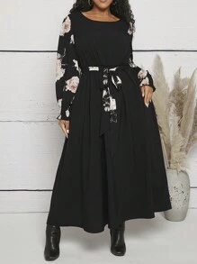 SHEIN CURVE+ Plus Floral Print Belted Dress - Multicolor - View 7