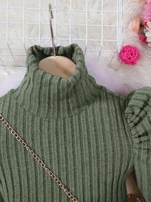 青少女簡約針織泡泡袖長裙,運動休閒風格,附有斜跨包 - 軍綠色 - 查看 5