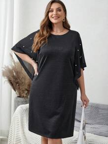 EMERY ROSE 大尺碼黑色珍珠裝飾荷葉袖連衣裙 - 黑色 - 查看 1