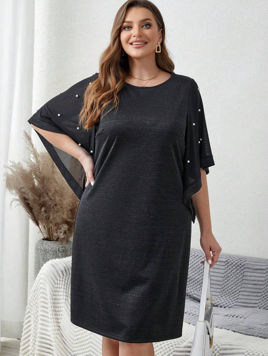 EMERY ROSE 大尺碼黑色珍珠裝飾荷葉袖連衣裙 - 黑色 - 查看 1