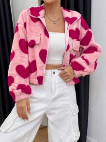 SHEIN Qutie 女款翻領心型貼花拉鍊細節毛絨夾克 - 粉色 - 查看 3