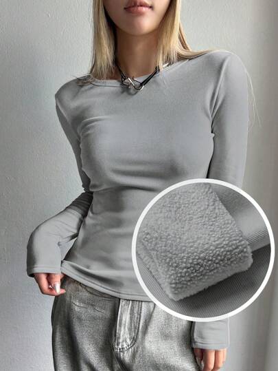 DAZY Camiseta térmica de manga larga para mujer, unicolor con forro térmico