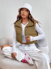 SHEIN EZwear 純色無袖填充背心外套 - 卡其色 - 查看 3