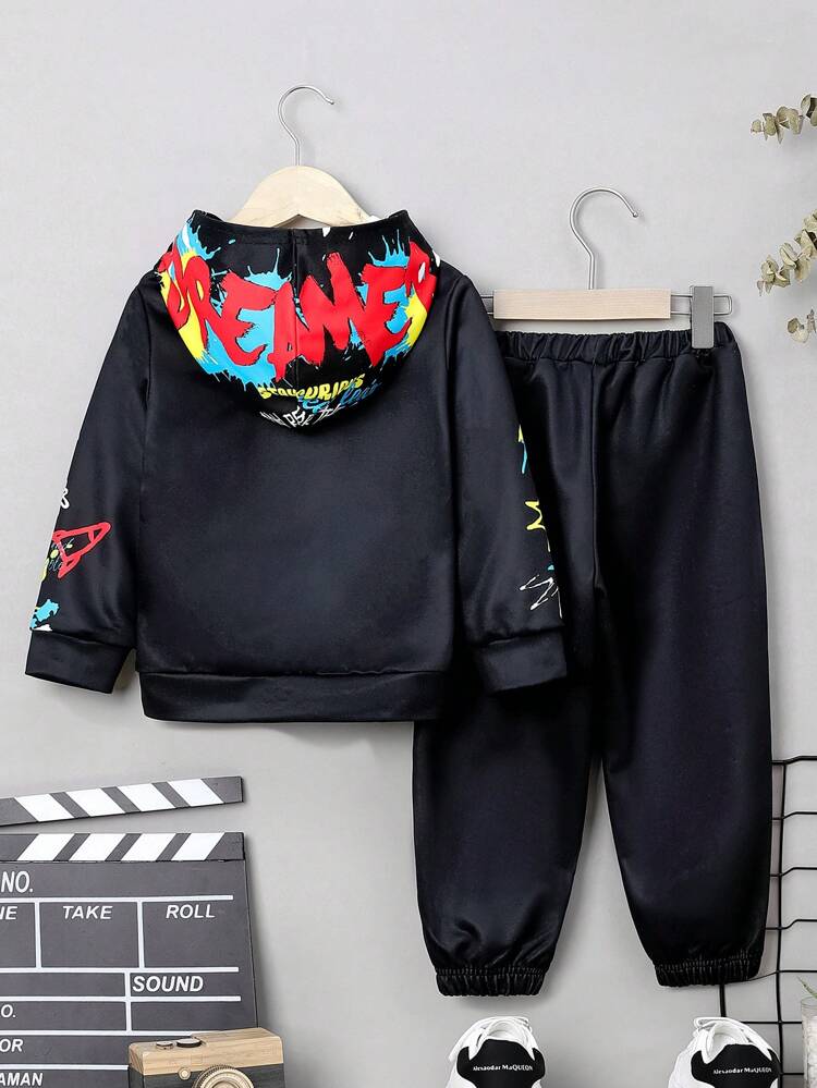 2 pezzi Set di tuta da ragazzo giovane con felpa con cappuccio e pantaloni in pile stampati, casual e comodi, in pile spesso