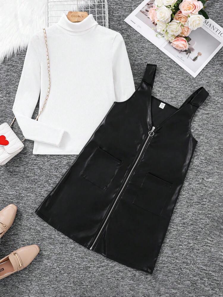 Teenage Girls' Knitted Ribbed High Neck T-shirt And V-neck Pu Suspender Dress Two Piece Set