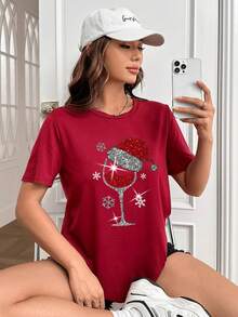 SHEIN EZwear 女士聖誕杯印花t卹 - 紅木色 - 查看 7