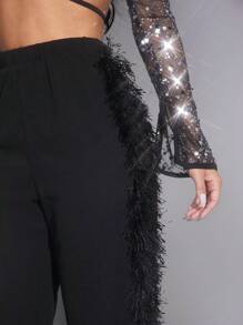 SHEIN SXY 女用毛邊拼布直筒長褲 - 黑色 - 查看 4