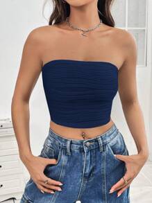 SHEIN EZwear Knitted Women's Strapless Top - Navy Blue - View 2