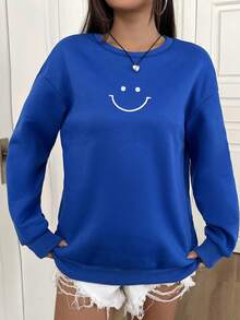 SHEIN Unity 宽松圆领长袖笑脸图案休闲套头衫 - 寶藍色 - 查看 3