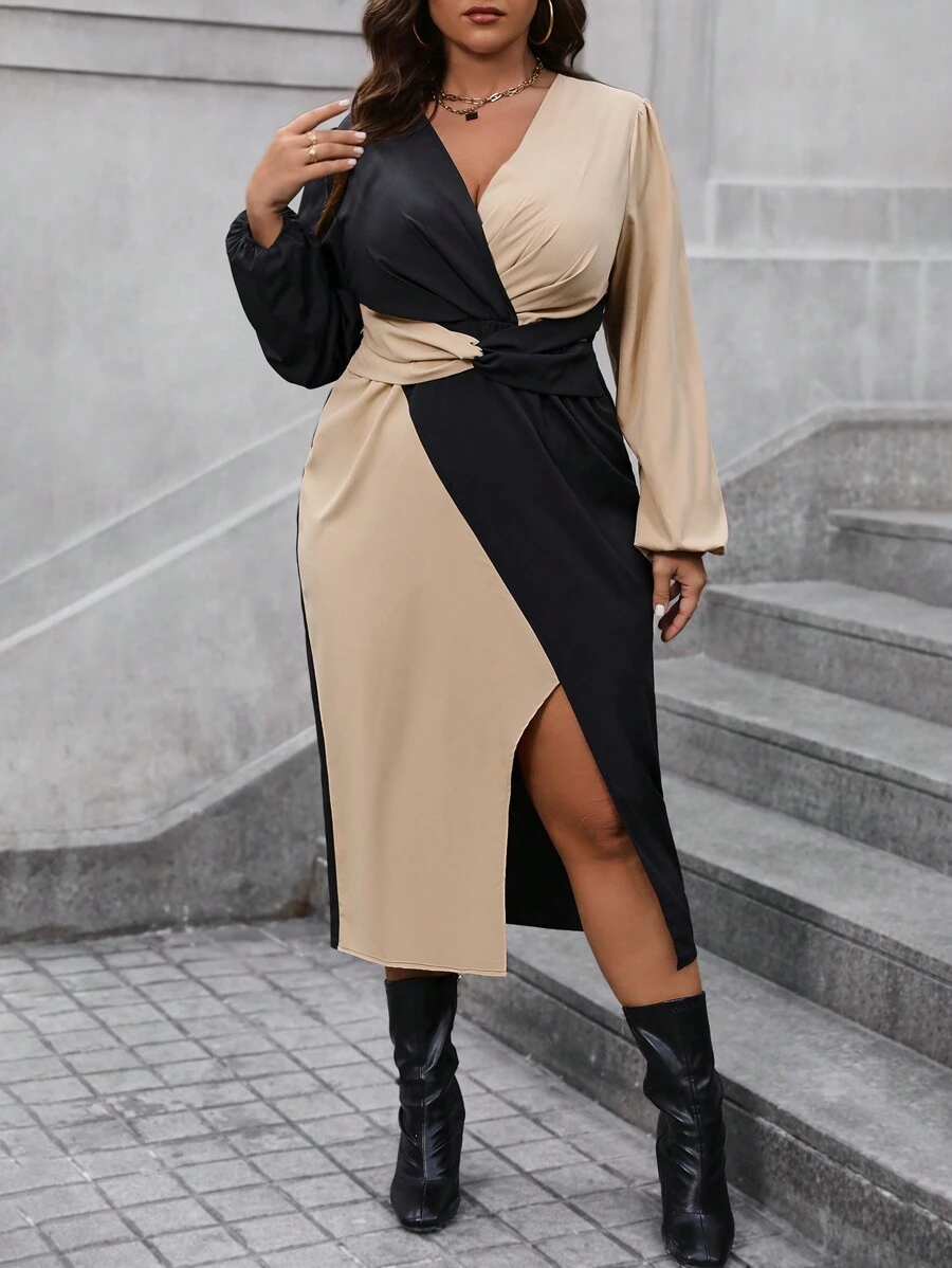 Calvaya 加上双色扭纹前开叉大腿连衣裙长款女装 - 彩色 - 查看 1