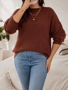 SHEIN LUNE Kích thước lớn Màu thuần Thả vai Áo len - Cà phê nâu - Xem 4