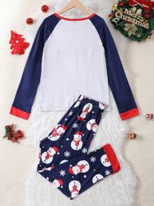 女款聖誕雪人圖案睡衣,家庭同款媽媽和我(4件套分開銷售) - 藏蓝色 - 查看 2