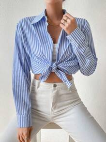 SHEIN Essnce 條紋印花落肩袖襯衫 - 藍色 - 查看 3