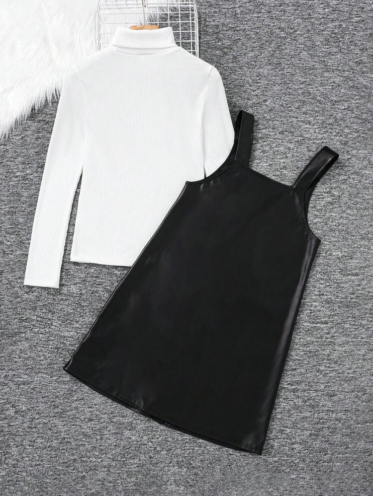 Teenage Girls' Knitted Ribbed High Neck T-shirt And V-neck Pu Suspender Dress Two Piece Set