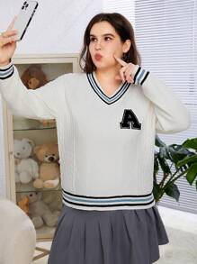 SHEIN EZwear Kích thước lớn Áo len Với Mẫu chữ , Sọc Chi tiết Và Viền tương phản - Màu be - Xem 4
