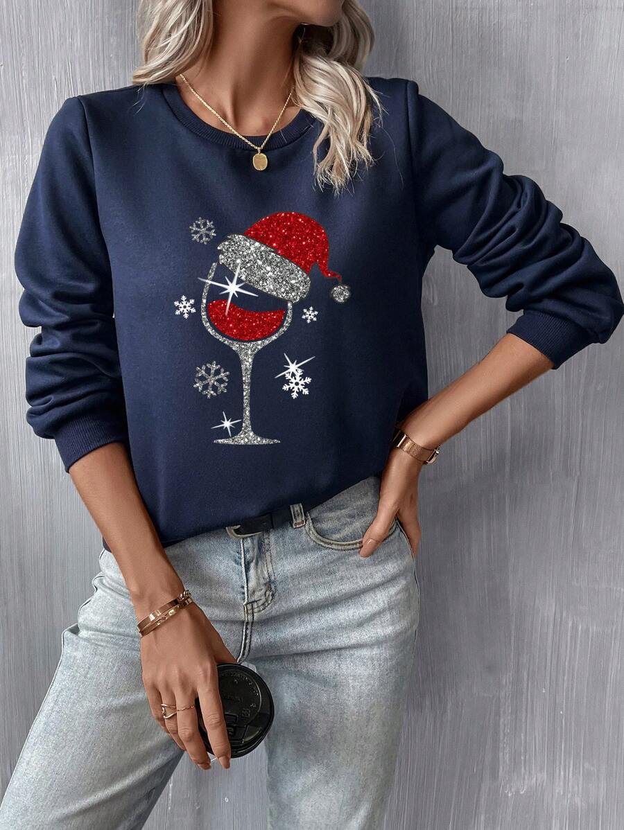 SHEIN LUNE Christmas Print Round Neck Sweatshirt - Navy Blue - View 1