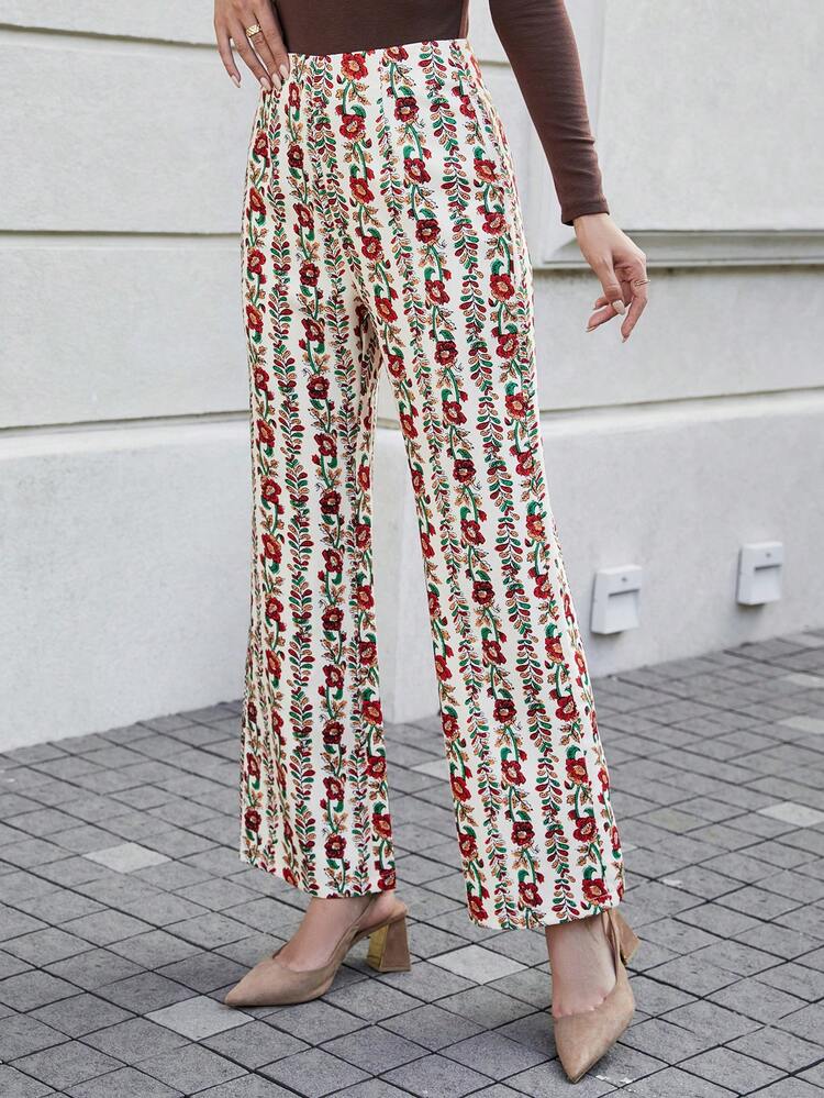 Floral Print Wide Leg Trousers Fall Cloth For Women