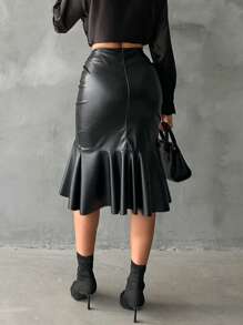 EURMUSE Women's Pu Leather Mermaid Hem Skirt - Black - View 6