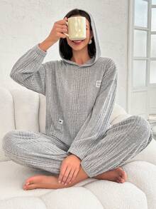 女性純色袋鼠口袋連帽家居服套裝 - 淺灰色 - 查看 6