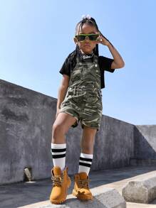 SHEIN Explorewe 女童復古學院街頭迷彩休閒舒適牛仔工裝褲 - 軍綠色 - 查看 6